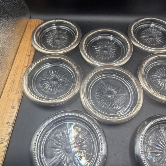 Set of 9 Glass Coasters with Silverplate Trim - Picture 2 of 7